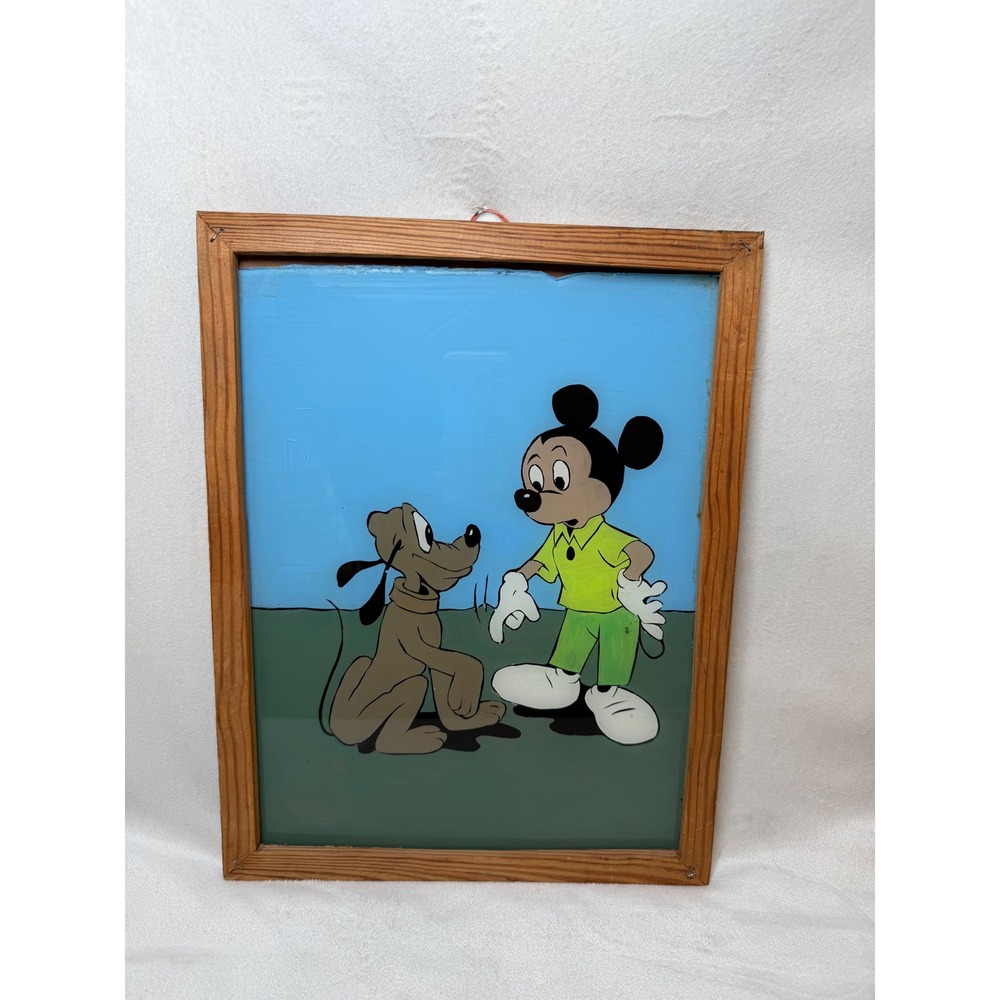 Vintage Mickey Mouse Pluto Reverse Painted Glass Folk Art Handmade 13x10 Framed